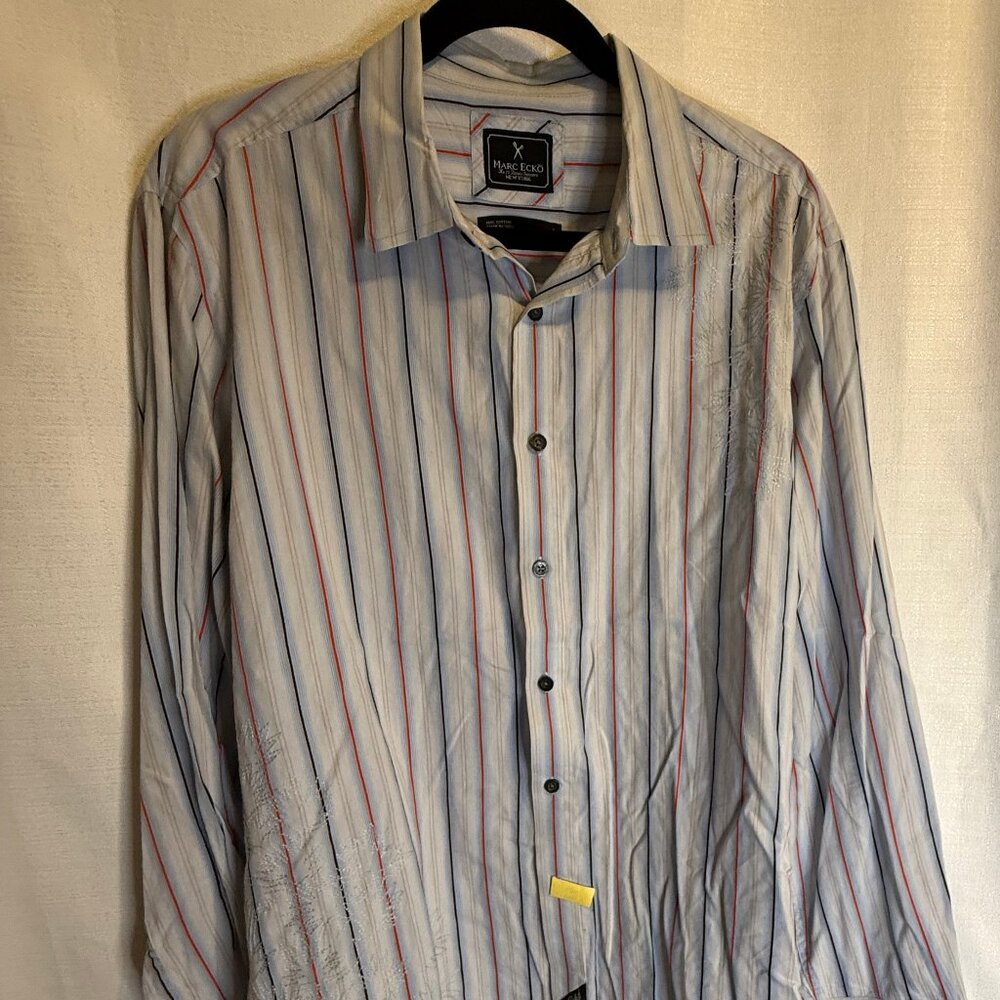 Marc Ecko Long Sleeve Striped Embroidered Button Down/Pale Blue/Large
